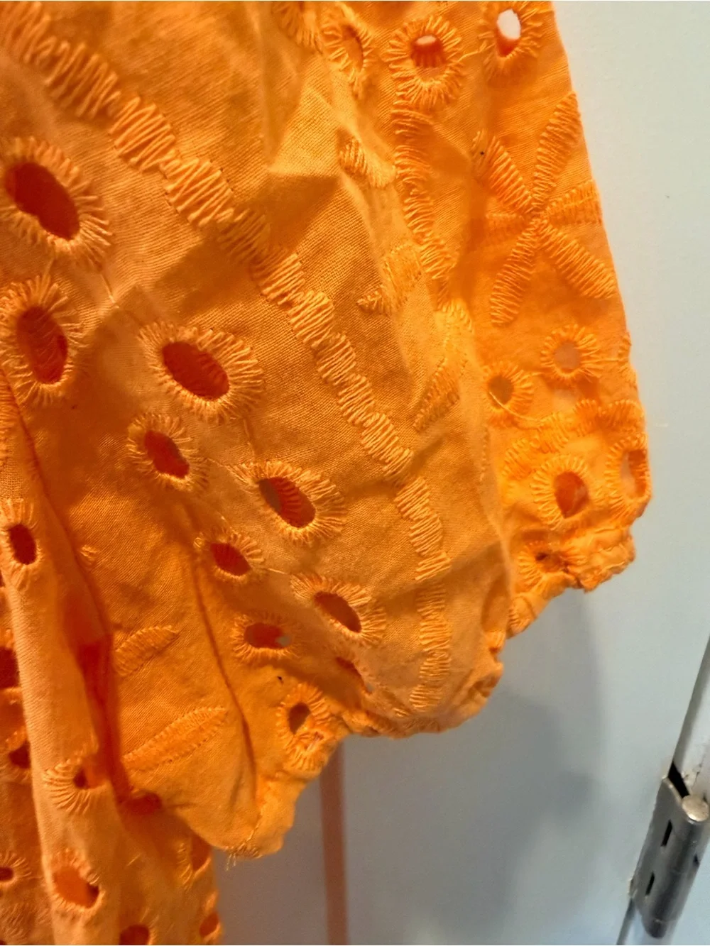 Orange Eyelet Embroidered Puff Sleeve Ruffle Blouse Top Medium